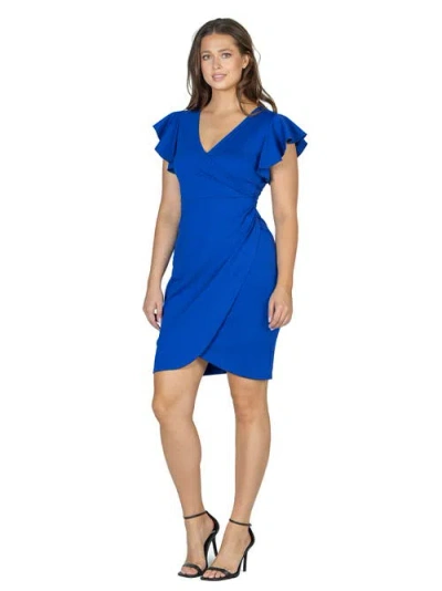 24seven Comfort Apparel V-neck Ruffle Sleeve Knee Length Dress In Blue