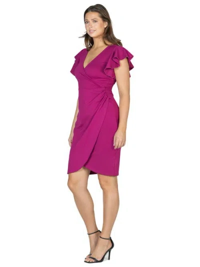 24seven Comfort Apparel Women's V-neck Ruffle Sleeve Knee Length Dress In Purple