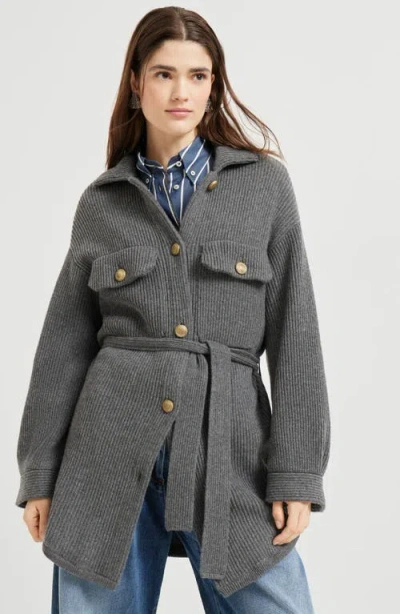 Brunello Cucinelli Ribbed Wool Belted Cardigan In Gray