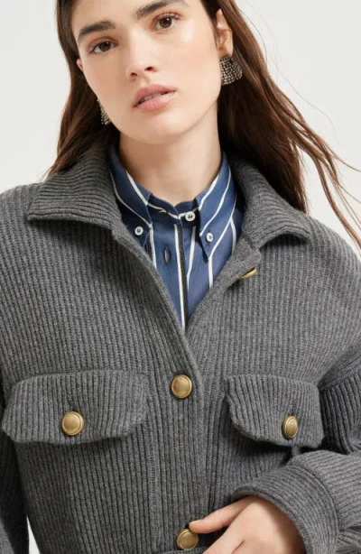 Brunello Cucinelli Ribbed Wool Belted Cardigan In Gray