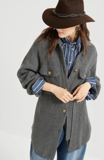 Brunello Cucinelli Ribbed Wool Belted Cardigan In Gray