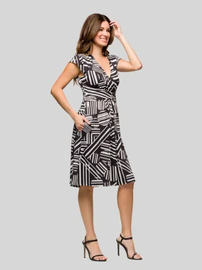24seven Comfort Apparel Cap Sleeve Black And White V-neck Knee Length Pocket Dress In Black