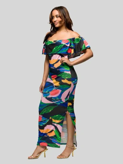24seven Comfort Apparel Maternity Off Shoulder Multicolor Print Side Slit Maxi Dress In Multi