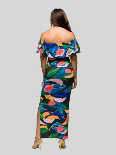 24seven Comfort Apparel Maternity Off Shoulder Multicolor Print Side Slit Maxi Dress In Multi