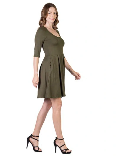 24seven Comfort Apparel Three Quarter Sleeve Fit And Flare Mini Dress In Green