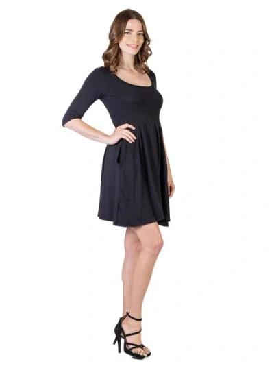 24seven Comfort Apparel Three Quarter Sleeve Fit And Flare Mini Dress In Blue