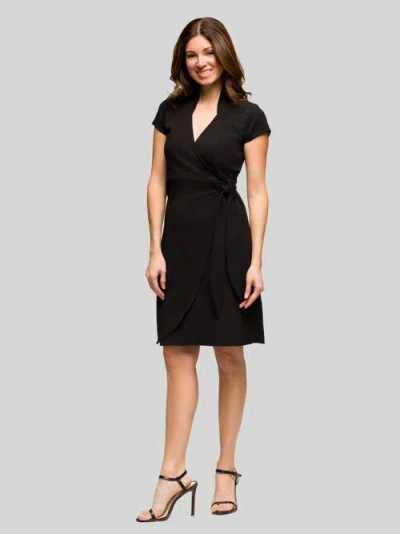 24seven Comfort Apparel Mandarin Collar Knee Length Wrap Dress In Black