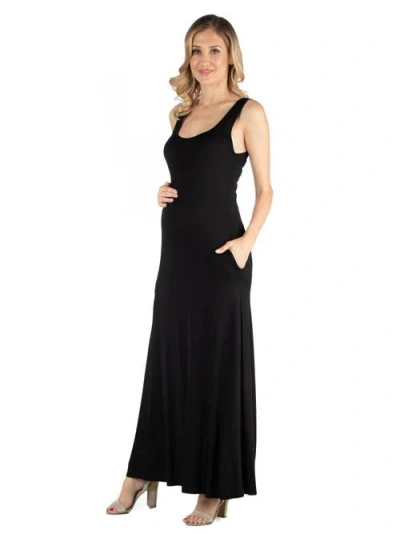 24seven Comfort Apparel Scoop Neck Sleeveless Maternity Maxi Dress With Pockets In Black