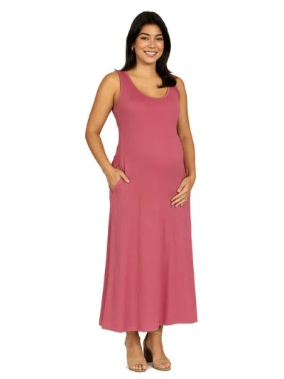 24seven Comfort Apparel Maternity Scoop Neck Sleeveless Maxi Dress With Pockets In Pink