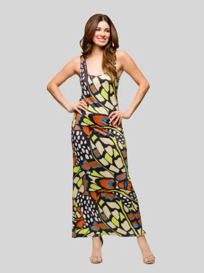 24seven Comfort Apparel Maternity Bright Butterfly Print Razorback Tank Casual Maxi Dress In Multi