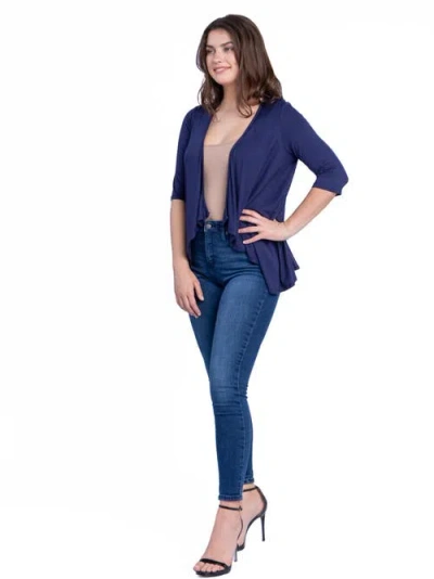 24seven Comfort Apparel Elbow Length Sleeve Open Front Cardigan In Blue
