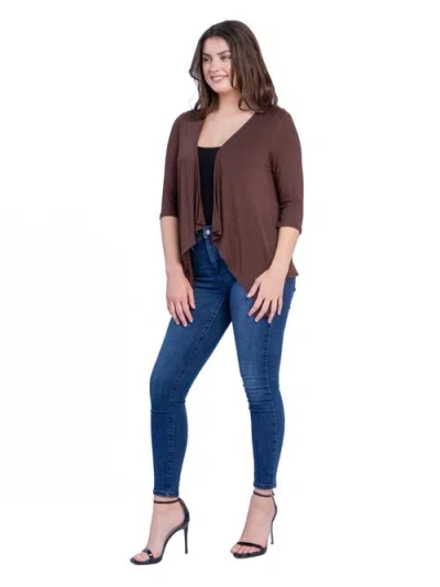 24seven Comfort Apparel Elbow Length Sleeve Open Front Cardigan In Brown