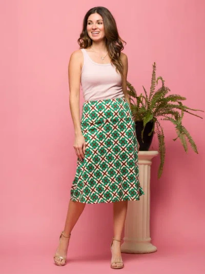 24seven Comfort Apparel Geometric Print Comfortable Elastic Waist Knee Length Skirt In Green