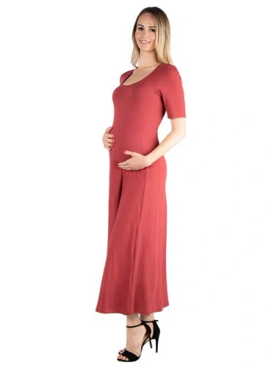 24seven Comfort Apparel Casual Maternity Maxi Dress With Sleeves In Red