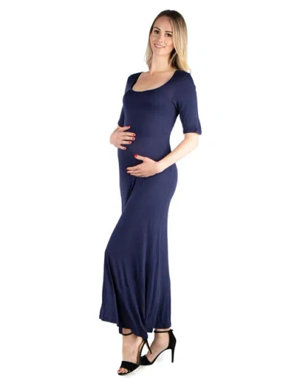 24seven Comfort Apparel Maternity Casual Maxi Dress With Sleeves In Blue