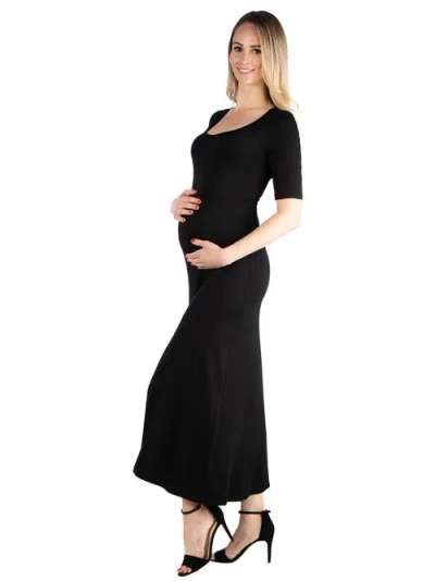 24seven Comfort Apparel Maternity Casual Maxi Dress With Sleeves In Black