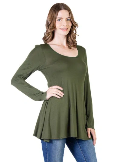 24seven Comfort Apparel Long Sleeve Solid Color Swing Style Flared Tunic Top In Green