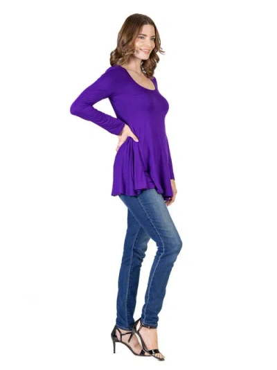 24seven Comfort Apparel Long Sleeve Solid Color Swing Style Flared Tunic Top In Purple