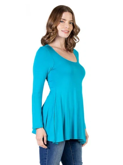 24seven Comfort Apparel Long Sleeve Solid Color Swing Style Flared Tunic Top In Blue
