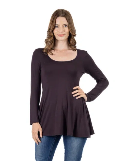 24seven Comfort Apparel Long Sleeve Solid Color Swing Style Flared Tunic Top In Brown