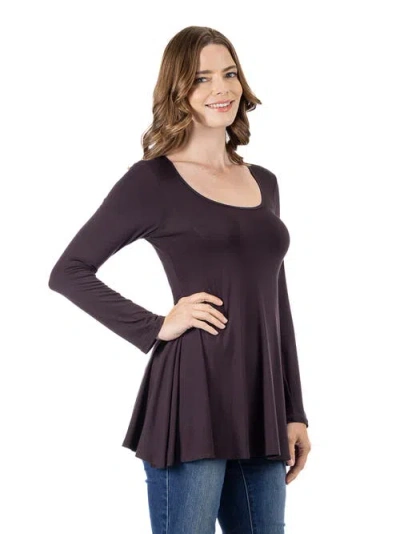 24seven Comfort Apparel Long Sleeve Solid Color Swing Style Flared Tunic Top In Brown