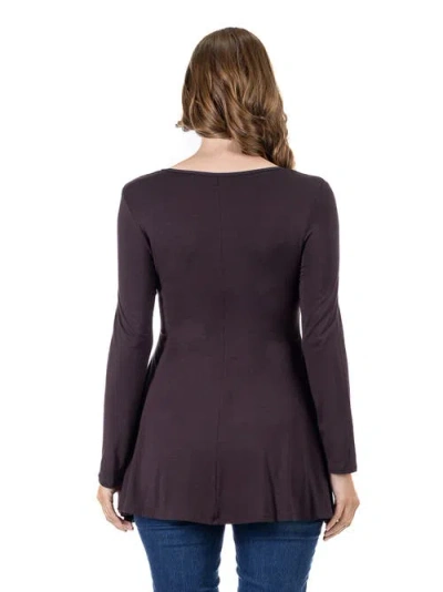 24seven Comfort Apparel Long Sleeve Solid Color Swing Style Flared Tunic Top In Brown