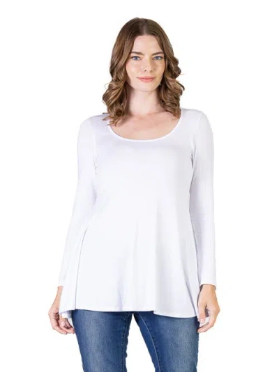 24seven Comfort Apparel Long Sleeve Solid Color Swing Style Flared Tunic Top In White