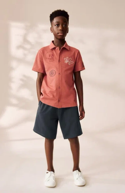 Next Kids' Embroidered Short Sleeve Knit Button-up Shirt & Drawstring Shorts Set In Brown