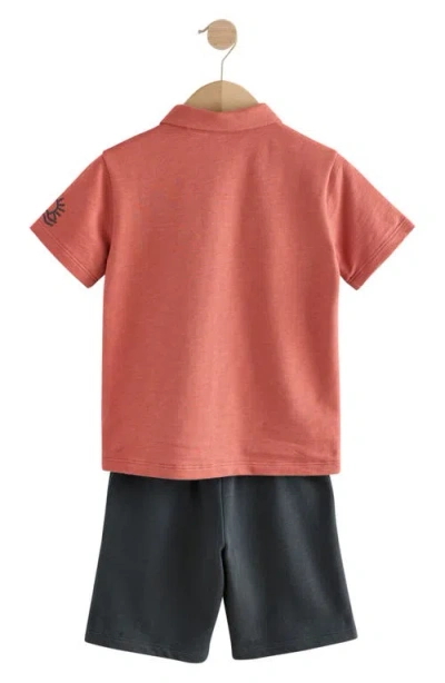 Next Kids' Embroidered Short Sleeve Knit Button-up Shirt & Drawstring Shorts Set In Brown