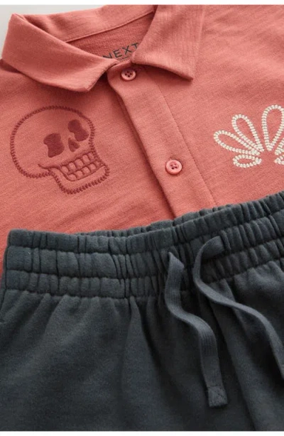 Next Kids' Embroidered Short Sleeve Knit Button-up Shirt & Drawstring Shorts Set In Brown