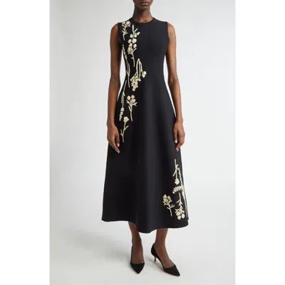 Lela Rose Hailey Raffia-embroidered Knit Dress In Black