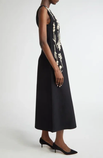 Lela Rose Hailey Raffia-embroidered Knit Dress In Black