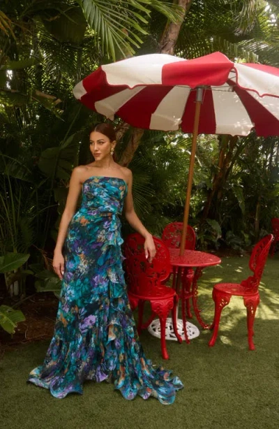 Xscape Evenings Pleated Ruffle Strapless Mermaid Gown In Blue