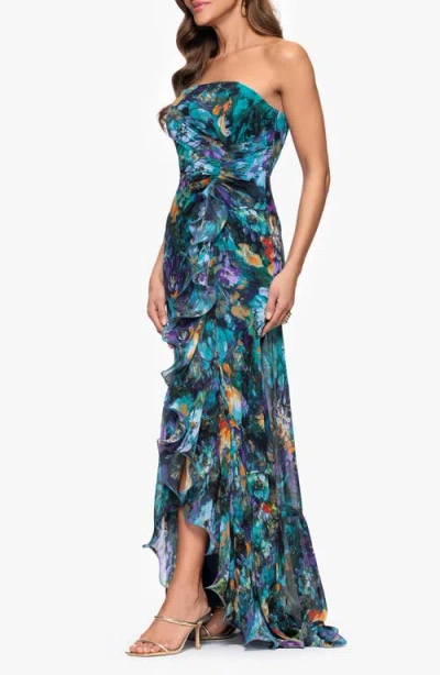 Xscape Evenings Pleated Ruffle Strapless Mermaid Gown In Blue