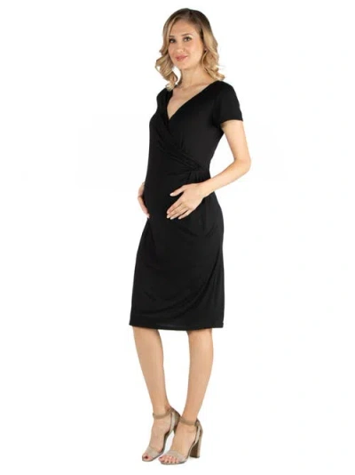 24seven Comfort Apparel Faux Wrapover Maternity Dress With Cap Sleeves In Black