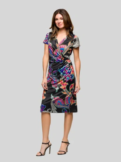 24seven Comfort Apparel Plus Size Knee Length Short Sleeve Faux Wrap Dress In Black