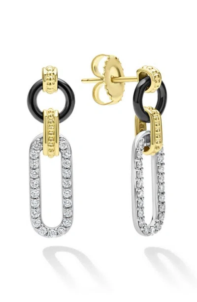 Lagos 18k Gold Signature Caviar Diamond & Black Ceramic Link Drop Earrings