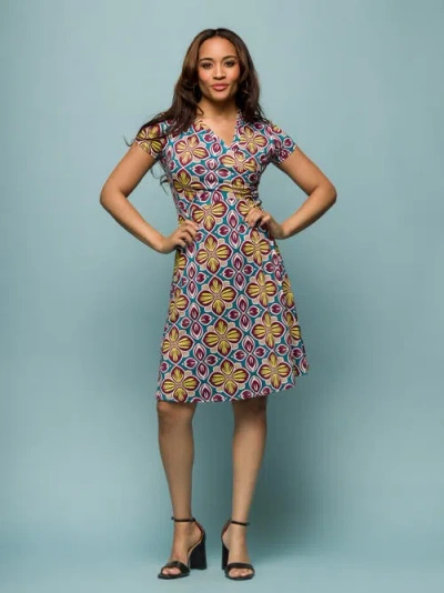 24seven Comfort Apparel Women's Short Sleeve Knee Length V Neck Wrap Dress In Multi