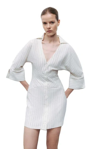 Nocturne Corset-inspired Linen Blend Striped Shirt Dress In White