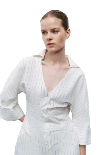Nocturne Corset-inspired Linen Blend Striped Shirt Dress In White