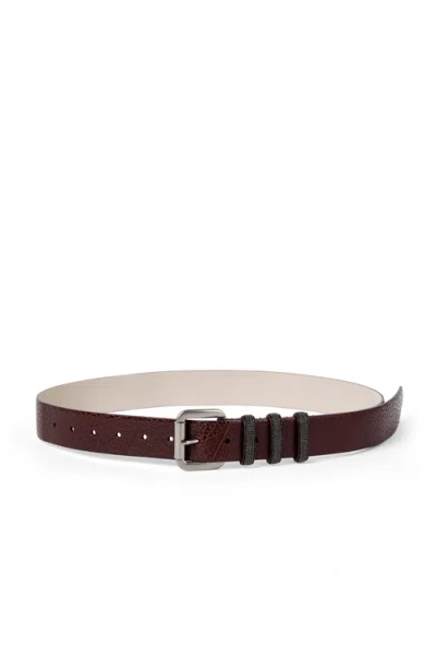 Brunello Cucinelli Glossy Hammered Calfskin Belt With Shiny Loops In Brown