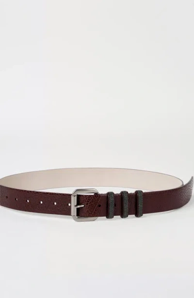 Brunello Cucinelli Glossy Hammered Calfskin Belt With Shiny Loops In Brown