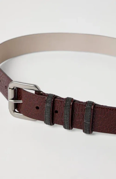 Brunello Cucinelli Glossy Hammered Calfskin Belt With Shiny Loops In Brown