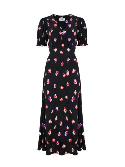 Ro&zo Multi Pansy Print Shirred Cuff Midi Dress In Black