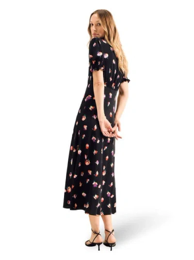 Ro&zo Multi Pansy Print Shirred Cuff Midi Dress In Black