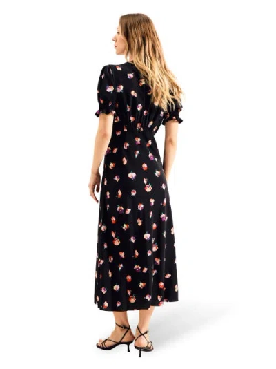 Ro&zo Multi Pansy Print Shirred Cuff Midi Dress In Black