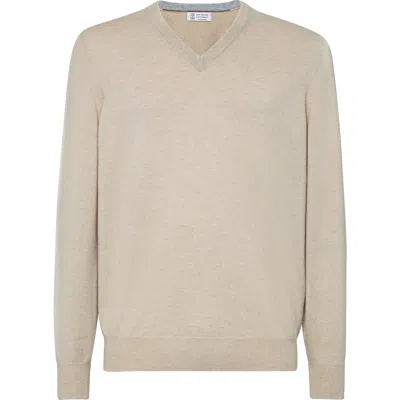 Brunello Cucinelli Cashmere V-neck Sweater In Neutral