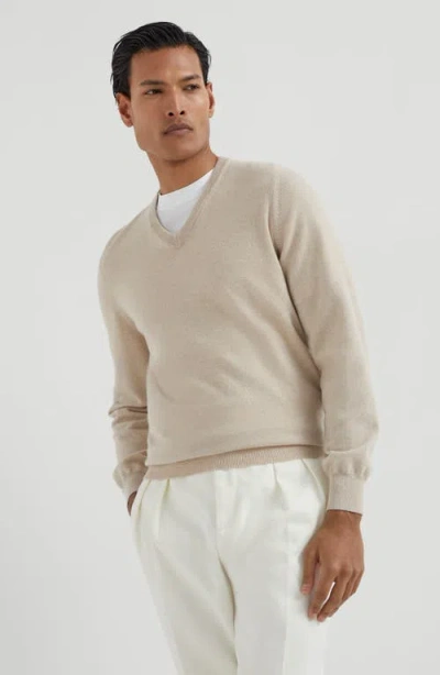 Brunello Cucinelli Cashmere V-neck Sweater In Neutral