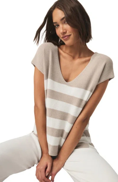 Splendid Octavia Stripe V-neck Short Sleeve Sweater In Neutral