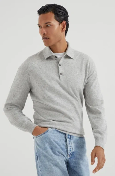 Brunello Cucinelli Solid Color Cashmere Sweater With Polo Neck In Gray